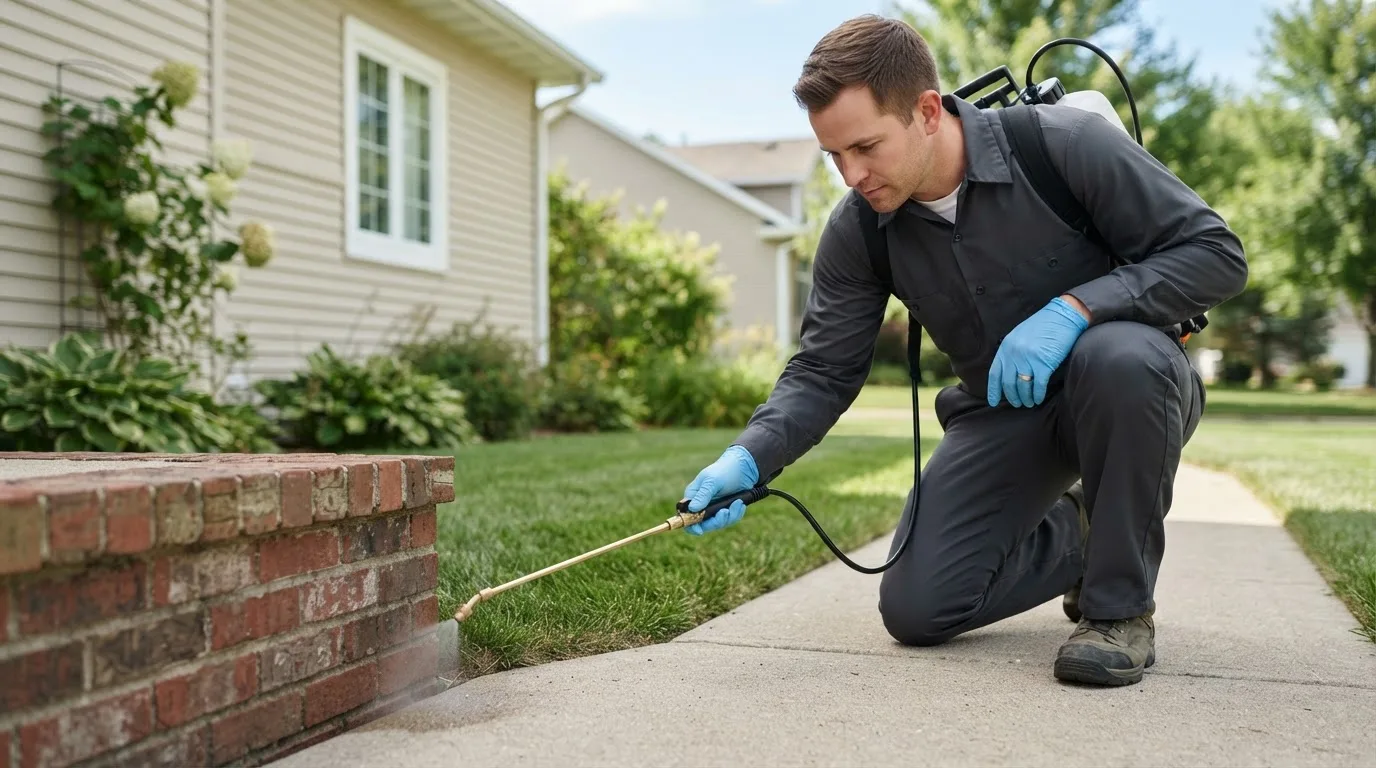 Pest control technician treating a home near Fontanet, IN